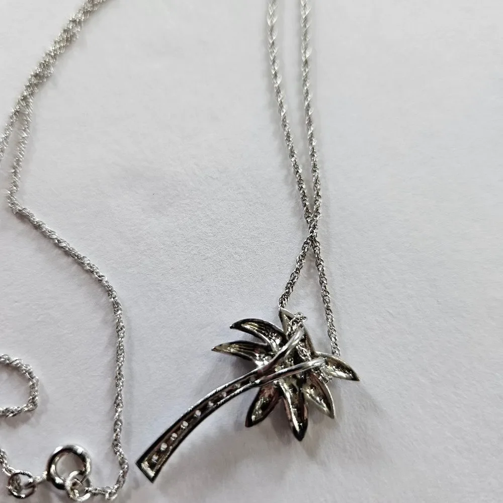 Fine Arts Silver FAS 925 Sterling Silver Simulated Diamond Palm Tree Necklace